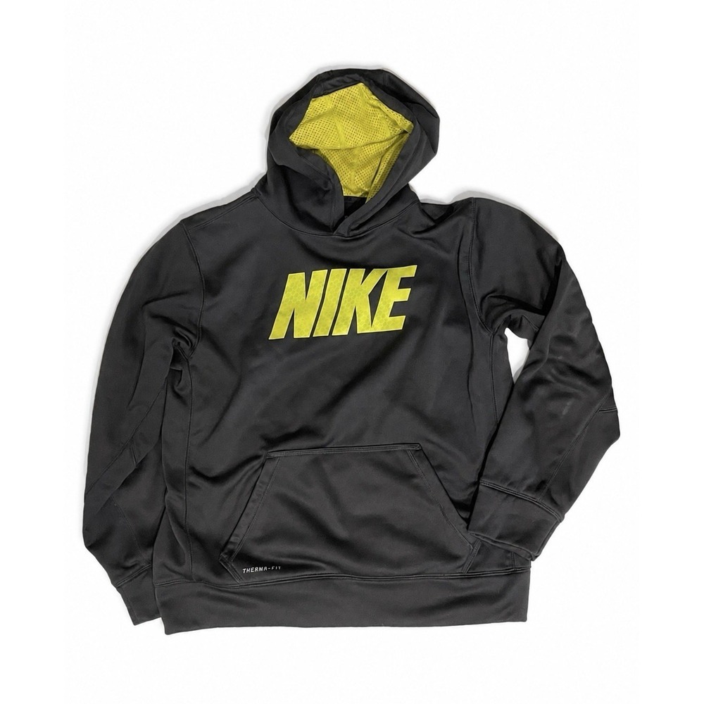 Nike Therma-FIT Hoodie Men's XL Black/Yellow Pullover Fleece Graphic Pockets